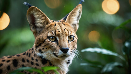 Serval cat observing its surroundings in a lush green habitat during twilight