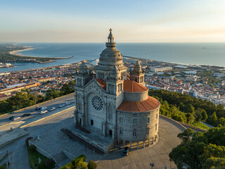 Basilica Santa Luzia at Sunset. Viana do Castelo City, Portugal. Aerial View.