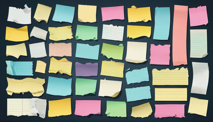 Colorful collection of sticky notes scattered on dark background for creative ideas and reminders