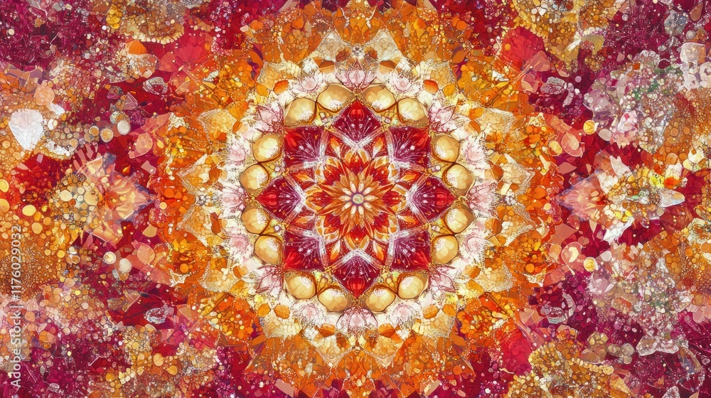 Poster vibrant kaleidoscope pattern with rich textures and warm tones, featuring intricate symmetry and org