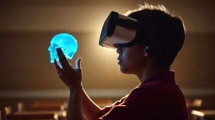 School student with VR headset using AI artificial intelligence technology. machine learning. Interactive technology in classroom. Smart tech. blue hologram in education