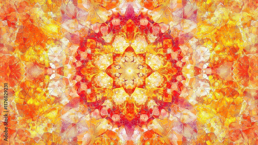 Poster vibrant kaleidoscope pattern with warm orange and red tones creating a stunning visual symmetry idea