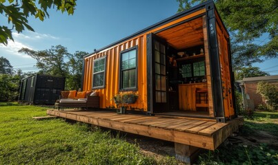 Fototapeta premium Nestled in a lush green backyard, this modern shipping container home boasts a wooden deck. Perfect for highlighting sustainable, eco-friendly living