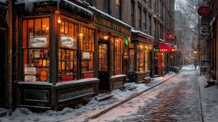 Fototapeta premium Snowflakes coat the streets of a nighttime city, and the puffy white smoke from a distant fire add a cinematic quality to the old Victorian-era structures