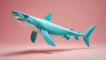 Fototapeta premium Colorful 3D paper shark swimming through pink background in a modern design setting