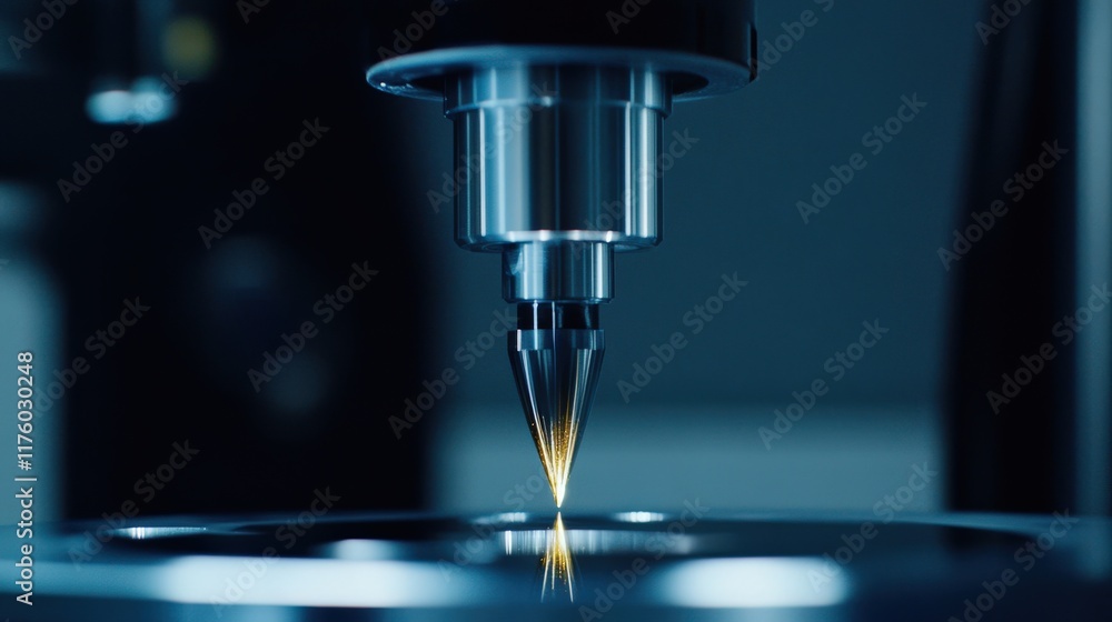 Poster precision engineering: close-up of high-tech nozzle in advanced manufacturing process with soft ligh