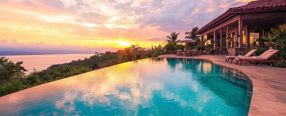 Fototapeta premium At sunset, the Luxury Infinity Pool reflects modern architectural elegance
