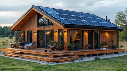 Obraz premium Modern eco-friendly wooden house with solar panels and large deck.