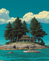 Obraz premium A low poly island with houses, trees, a boat, and water. Perfect for use in gaming or design
