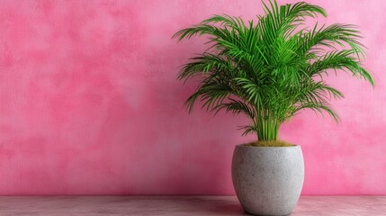 Fototapeta premium On a pink surface, a potted plant is framed by a pink wall in the background