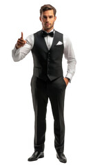 Camarero de restaurante de lujo apuntando con el dedo con fondo transparente