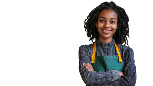 Happy Young Supermarket Staff Member in Apron Standing Transparent Background