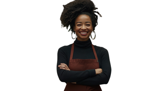 Happy Young Supermarket Staff Member in Apron Standing Transparent Background
