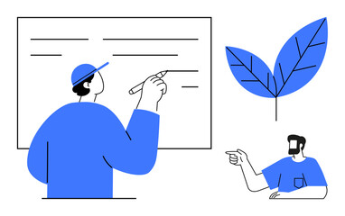 Man writing on board, another pointing, simple line art. Leaf with blue accents. Ideal for education, communication, teamwork, nature creativity modern design presentation. Abstract line flat