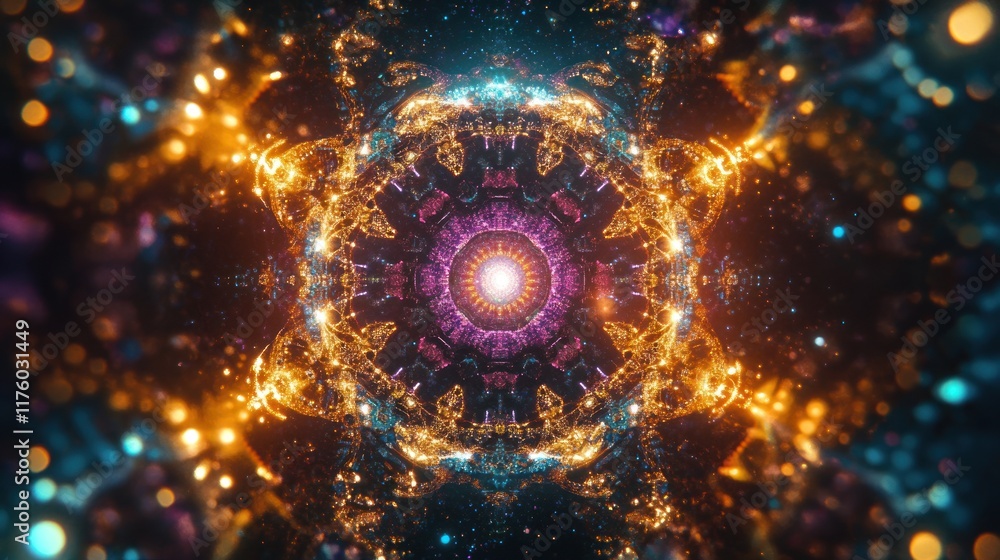 Poster vivid abstract patterns with luminous orbs and stars in a kaleidoscopic design, radiating energy and