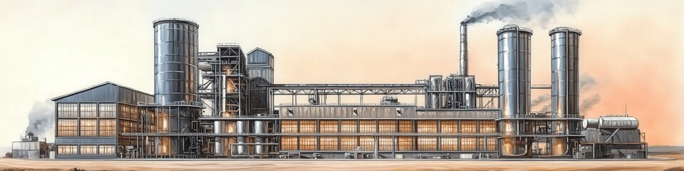 Industrial Factory Building with Smokestacks and Atmospheric Sky: Detailed Architectural Drawing of 19th-Century Manufacturing Plant with Brick and Metal Structures