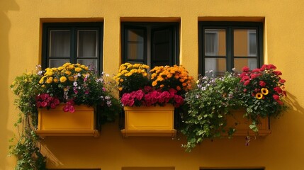 Fototapeta premium A snug home with windows graced by hanging flower baskets and potted plants