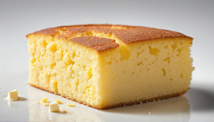 Deliciously baked yellow cake slice on a plain background with a smooth texture and golden crust