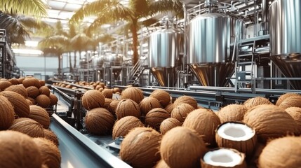 Fototapeta premium Coconut Processing Factory with Industrial Machinery and Technology Featuring Fresh Coconuts on Conveyor Belt in Tropical Plantation Setting for Manufacturing