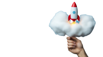 Hand Holding Rocket Emerging from Cloud Transparent Space Idea