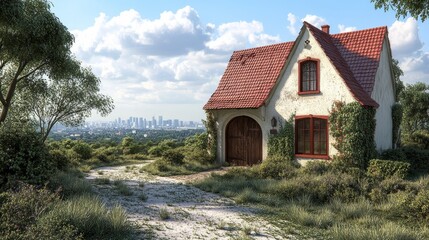Obraz premium Cozy home in a suburban setting, featuring city views and abundant gardens