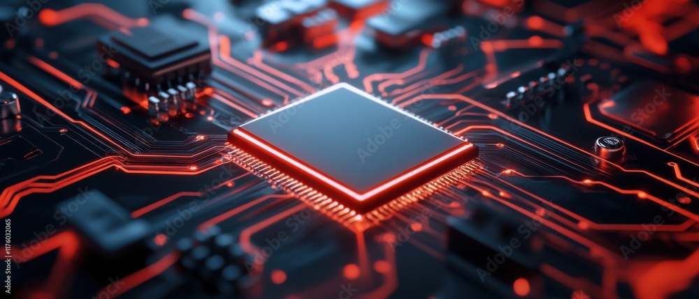 Poster close-up of a modern microchip on a vibrant circuit board showcasing intricate electronic connection
