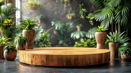 Fototapeta premium Round Wooden Podium, Exotic Green Plants and Tropical Palm Leaves, Product Display Background