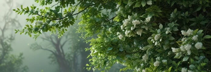 Cluster of branches with leaves and flowers in shades of green,  flowers, branches