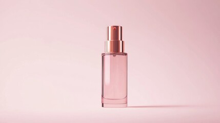 Pink glass perfume bottle with copper spray top on pink background.
