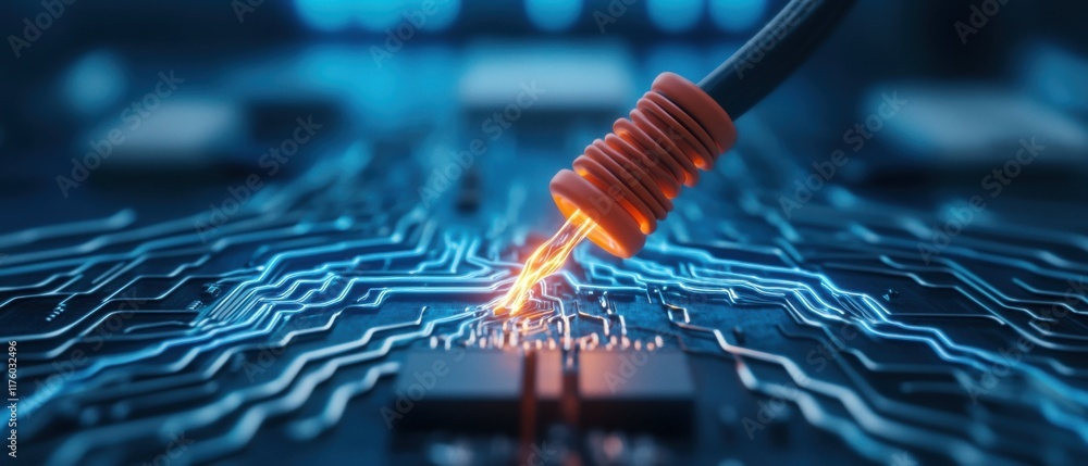 Aufkleber close-up view of orange connector plugging into circuit board with glowing electric paths and techno