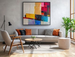 A living room with a large painting on the wall