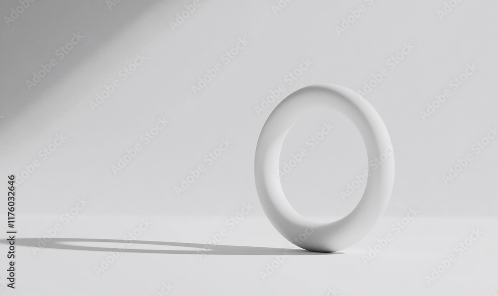 Poster a minimalistic white ring casting a soft shadow on a light surface.