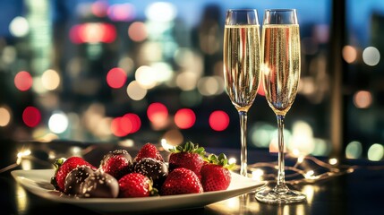 Champagne glasses clinking over chocolate-dipped strawberries, city skyline backdrop, glamorous celebration of love