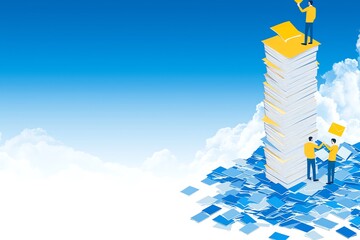 office workers looking for information in sky high piles of paperwork, emphasizing the importance of going paperless, overcoming data burden and teamwork in digital environment with cloud storage