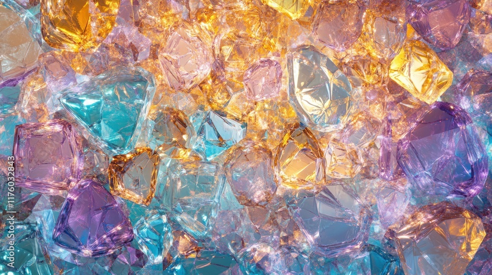 Poster vibrant arrangement of shimmering colorful crystals in various shapes and sizes, displaying intricat