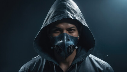 Mysterious figure in a mask and hoodie exuding an air of intrigue and danger in a dark setting