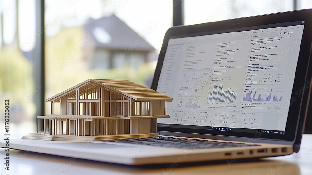 Poster a model house beside a laptop displaying architectural data and graphs.