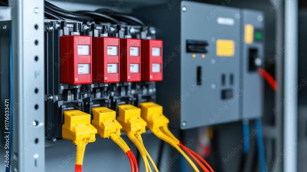 Poster close-up view of complex electrical control panel with red relays and yellow connectors in a factory