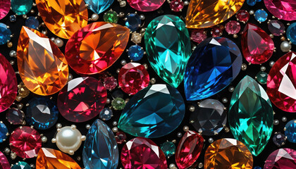 Fototapeta premium Brightly colored gemstones arranged in an intricate pattern showcasing their brilliance and variety in hues and shapes