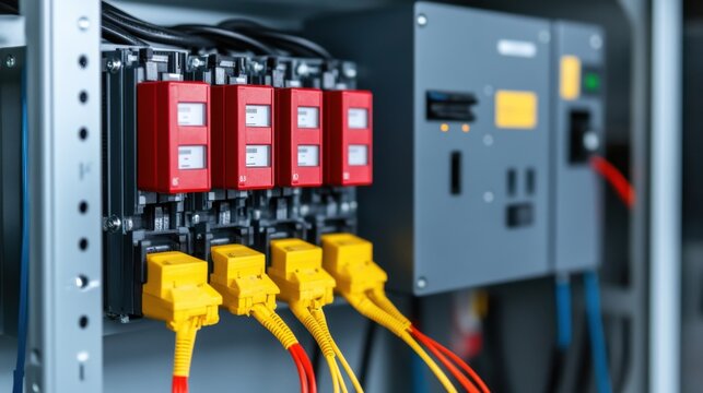 Close-up View of Complex Electrical Control Panel with Red Relays and Yellow Connectors in a Factory Setting