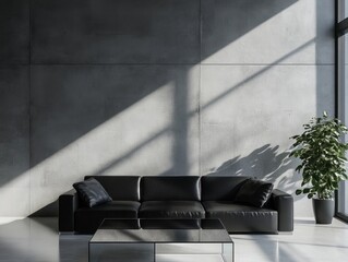 A black couch is in a room with a large window