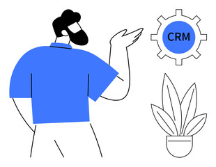 Man with beard and blue shirt gesturing towards CRM gear icon, next to potted plant. Ideal for business management, customer service, software solutions, teamwork, technology tools, office