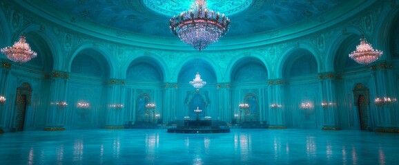 Obraz premium At nightfall, a teal mansion with lit windows and lamp posts casting a glow