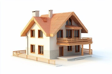 A modern two-story house with a wooden balcony and stone accents.