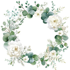 Fototapeta premium Beautiful transparent flower and eucalyptus watercolor wreath border for elegant decor and invitations, transparent Flower and Eucalyptus Watercolor Wreath Borders Timeless Elegance