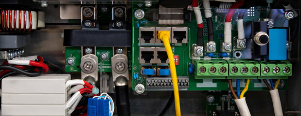 Electronic system with connected wires and yellow network cable interface