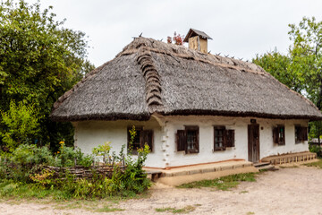 A small house with a thatched roof and a chimney