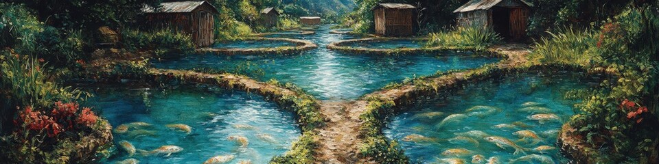 Fototapeta premium Scenic Rustic Cabins by Serene Blue Lake with Lush Greenery and Tranquil Water Lilies in a Picturesque Forest Setting for Perfect Nature Escape and Relaxation