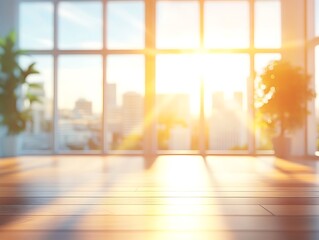 Fototapeta premium Blurred background of a bright, modern office interior with panoramic windows 