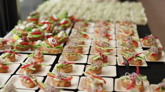 event tables full of catering snacks
